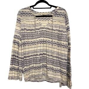 Lucky Brand Cream Bohemian Neutral Striped Peasant Top Medium